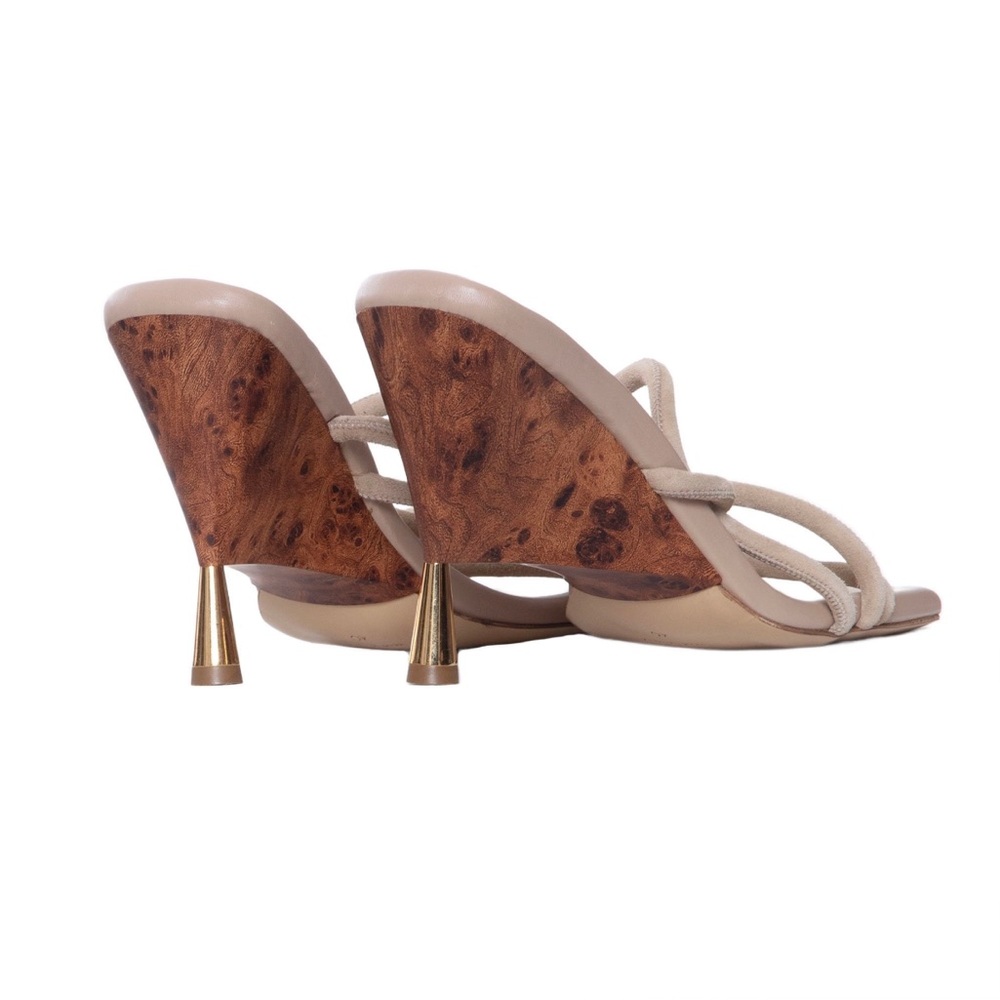 Chic Beige Strappy Heels with Wood Detail
